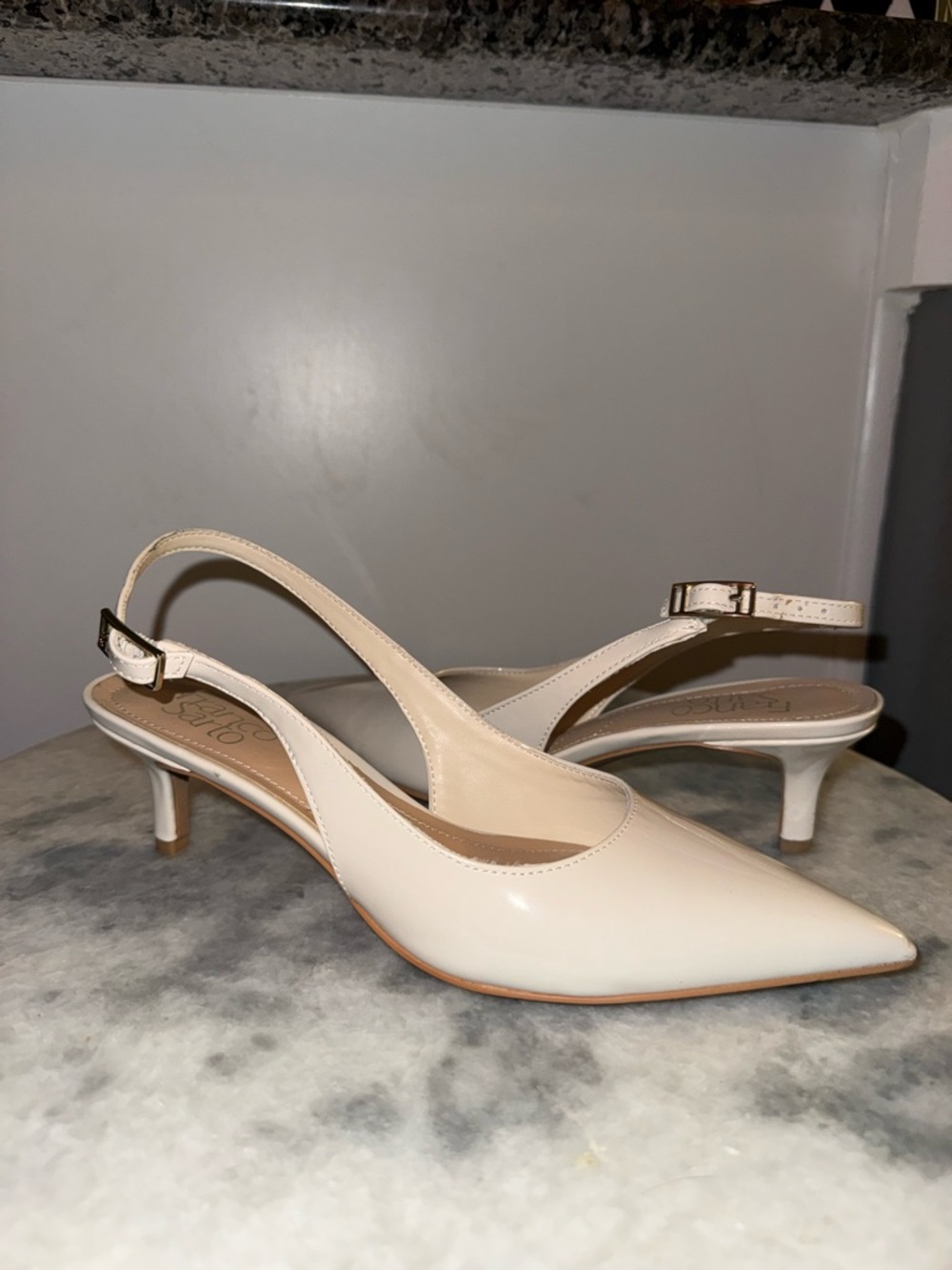 Franco Sarto Cream Patent Pointed Slingback Kitten Heels